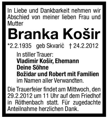 Traueranzeige von Branka Košir von Pegnitz-Zeitung
